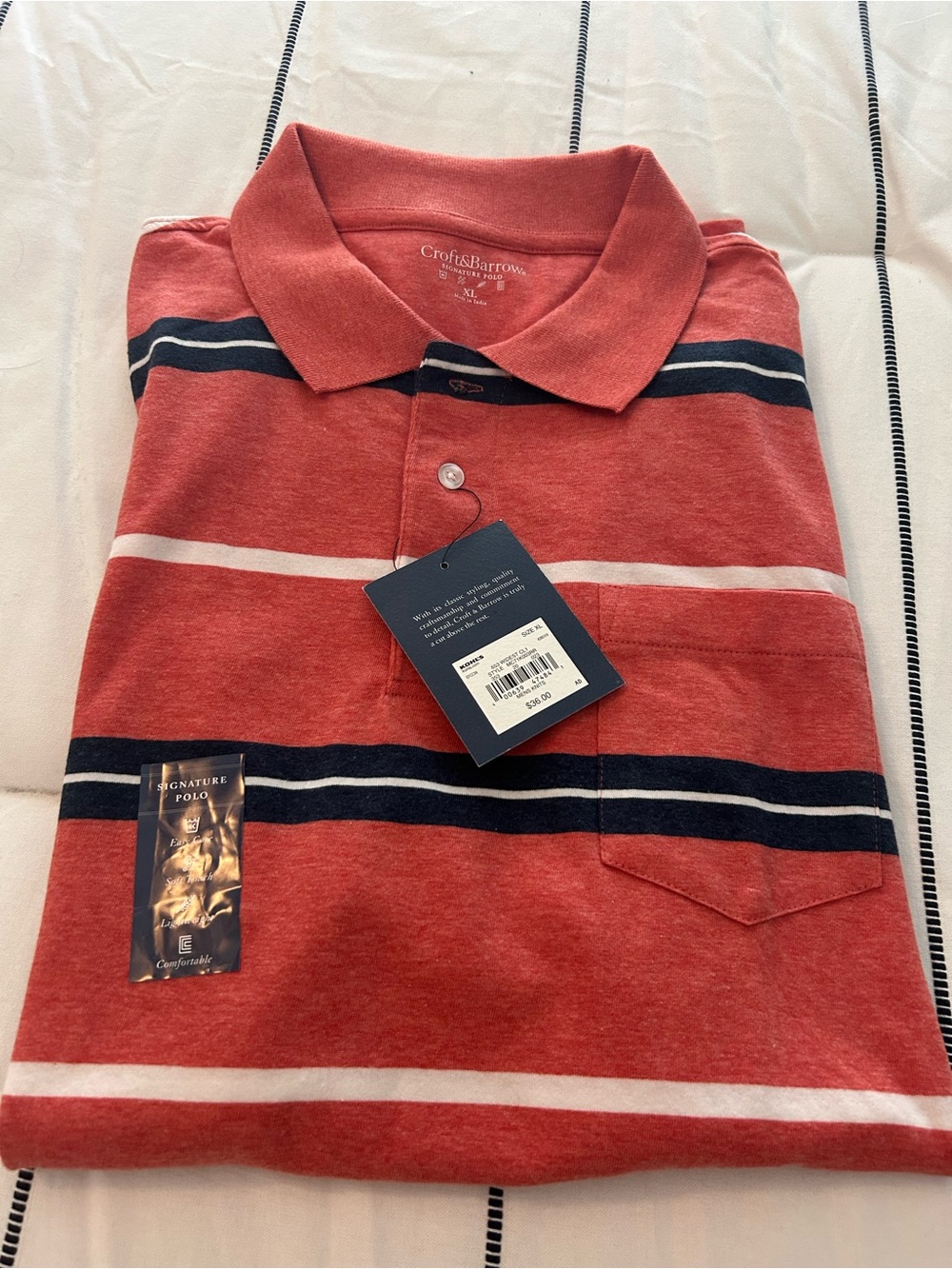 croft & barrow Coral Striped Polo with Navy & White Accents nwt